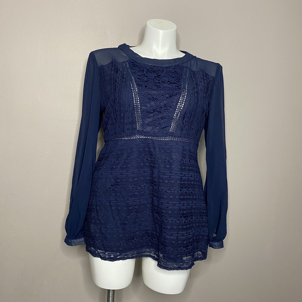Susanne Betro Lace  Blouse Navy Sheer Sleeves boho Size 1X‎
